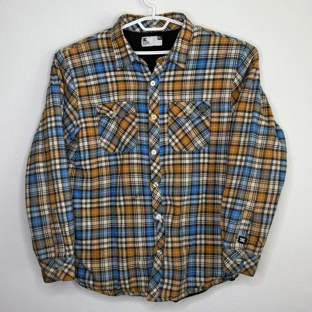 DC Shoes Sherpa Lined Flannel Jacket Plaid Blue Tan Button Up Men’s XL